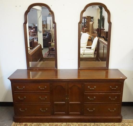 ETHAN ALLEN CHERRY CHEST OF DRAWERS: ETHAN ALLEN CHERRY CHEST OF DRAWERS WITH 2 MIRRORS. 76 INCHES LONG. 79 INCHES HIGH.