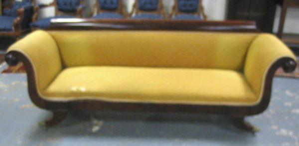 18TH C. PERIOD DUNCAN PHYFE MAH EMPIRE SOFA: 18TH C. PERIOD DUNCAN PHYFE MAHOGANY EMPIRE SOFA W/BRASS CLAW FEET; 85 IN WIDE , 31 IN HIGH, 25 IN DEEP.