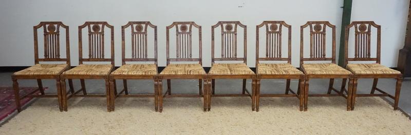 MAITLAND SMITH CHAIRS: SET OF 8 MAITLAND SMITH DINING CHAIRS WITH TWO TONED RUSH SEATS. DECORATED WITH CARVED BELL FLOWERS AND MEDALLIONS.