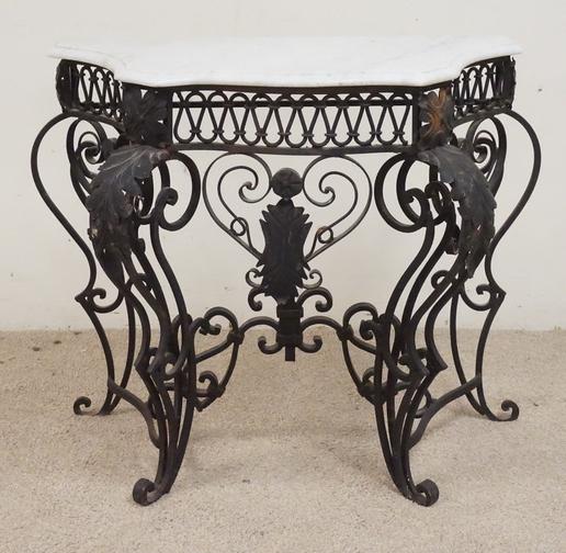 WROUGHT IRON MARBLE TOP CONSOLE TABLE: WROUGHT IRON CONSOLE TABLE WITH A MARBLE TOP. 33 1/2 INCHES WIDE. 30 1/2 INCHES WIDE.