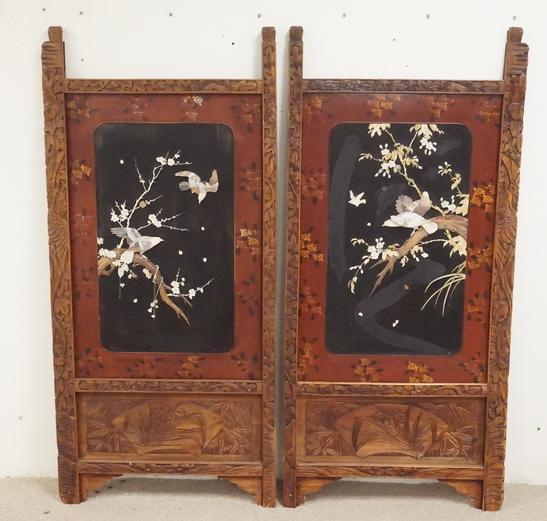 PAIR OF ASIAN CHINOISERIE DECORATED PANELS: PAIR OF ASIAN CHINOISERIE DECORATED PANELS. INCLUDES CARVED STONE AND ABALONE EMBELLISHMENTS. 66 1/2 X 31 1/4 INCHES EACH.