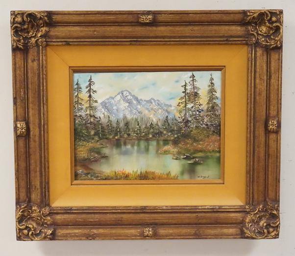 PAINTING ON CANVAS OF A SERENE LAKE WITH MOUNTAINS: OIL PAINTING ON CANVAS OF A SERENE LAKE LANDSCAPE SURROUNDED BY PINE TREES AND MOUNTAINS IN THE BACKGROUND, SIGNED *W. BRYANT* LOWER RIGHT. 15 3/4 X 11 3/4 INCH SIGHT SIZE.
