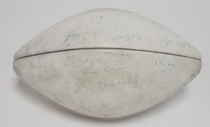 1982 GIANTS TEAM SIGNED FOOTBALL: 1982 GIANTS TEAM SIGNED FOOTBALL, JSA CERTIFIED. INCLUDES LAWRENCE TAYLOR, H. CARSON, BILL PARCELLS, PHIL SIMMS, VAN PELT, DURT, MCGRIFF, G. MARTIN, J. DANELO, J. PERKINS, D. JENNINGS, B KELLEY, AND M