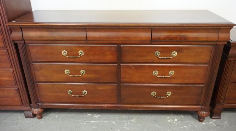 EHTAN ALLEN CHEST OF DRAWERS: ETHAN ALLEN CHERRY CHEST OF DRAWERS. 63 1/2 INCHES LONG. 35 1.2 INCHES HIGH.