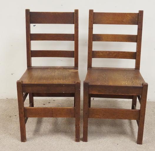 LJ&G STICKLEY MISSION OAK CHAIRS: PAIR OF LJ&G STICKLEY MISSION OAK CHAIRS. 34 INCHES HIGH.