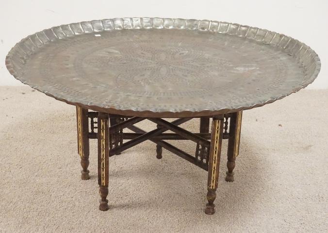 MIDDLE EASTERN COPPER TRAY WITH STAND: MIDDLE EASTERN COPPER TRAY WITH STAND. 38 3/4 INCHES IN DIA.