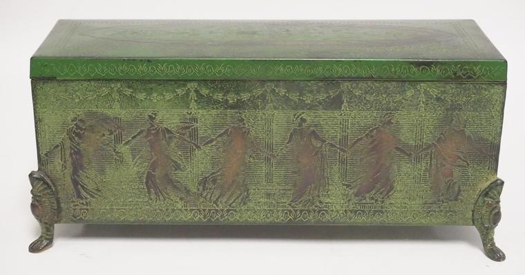 TOOLED BRASS BOX WITH GRECIAN FIGURES: TOOLED BRASS BOX WITH GRECIAN FIGURES. 12 1/2 X 4 3/4 AND 5 1/4 INCHES HIGH.