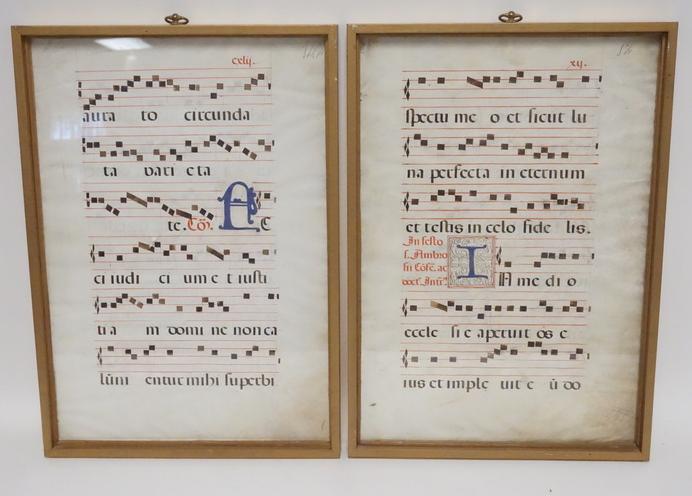 PAIR OF EARLY HAND COLORED MUSICAL SCORES: PAIR OF HAND DRAWN MUSICAL SCORES. DOUBLE SIDED FRAMING. THE HYMNS ARE ACCOMPANIED BY TRANSLATIONS. 15 1/2 X 22 1/2 INCH FRAMES.