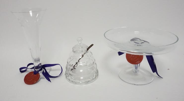 3 PC WILLIAM YEOWARD CRYSTAL: 3 PIECES OF WILLIAM YEOWARD CRYSTAL. A CUT HONEY JAR, CUT FLUTE AND A COMPOTE WITH FLUTED STEM. FLUTE IS 7 3/8 IN H