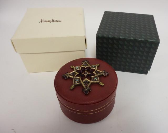 JAY STRONGWATER LEATHER BOX: JAY STRONGWATER LEATHER BOX WITH METAL AND JEWEL DECORATION ON THE LID. MADE IN ITALY, COMES WITH BOX AND NEIMAN MARCUS GIFT BOX. 4 IN DIAMETER 2 1/2 IN H