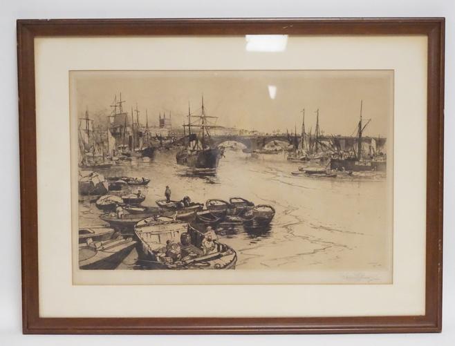 STEPHEN PARRISH ETCHING: STEPHEN PARRISH ETCHING TITLED *LONDON BRIDGE, AUG 1884*. PENCIL SIGNED. 19 1/8 X 12 INCH IMPRESSION.