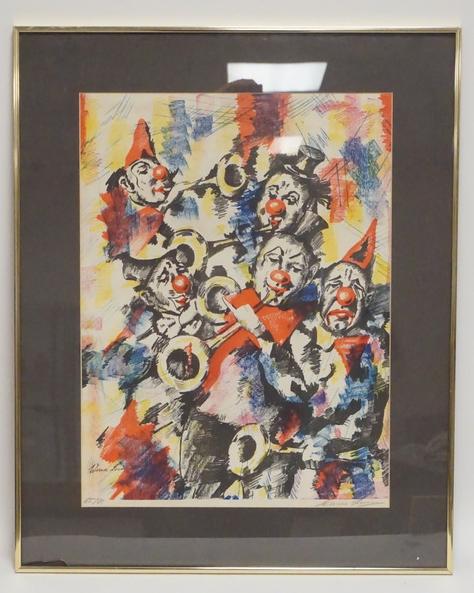 WERNER LEVIN CLOWN PRINT: ERNER LEVIN LIMITED EDITION LITHOGRAPH OF CLOWNS PLAYING MUSICAL INSTRUMENTS. EDITION #65/100. PENCIL SIGNED. 17 X 22 3/4 INCH SIGHT SIZE.