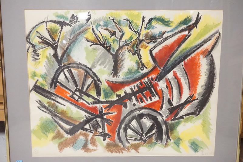 JEAN-CLAUDE FORQUIN PENCIL SIGNED AND NUMBERED LITHO: PENCIL SIGNED AND NUMBERED SEMI-ABRTRACT LITHO OF A WAGON. EDITION #50/120. PENCIL SIGNED *FORQUIN* (JEAN-CLAUDE FORQUIN). 23 1/2 X 18 3/4 INCH SIGHT SIZE.