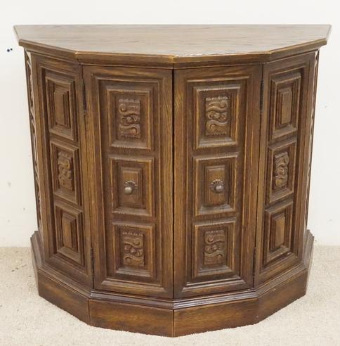 OAK CREDENZA: PANELED OAK CREDENZA. 38 INCHES WIDE. 31 1/2 INCHES HIGH.