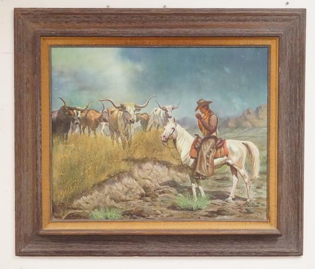 GREGORY PERILLO PAINTING ON CANVAS: GREGORY PERILLO OIL PAINTING ON CANVAS TITLED *NIGHT VIGIL* DEPICTING A COWBOY ON HORSEBACK AND A GROUP OF STEER. 29 1/2 X 23 1/2 INCHES.