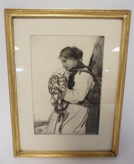 WILLIAM LEE HANKEY ETCHING: WILLIAM LEE HANKEY ETCHING TITLED *HER SOLE POSSESSION*. CA. 1917. DEPICTS A YOUNG FRENCH WAR WIDOW DRAWING COMFORT FROM THE NESTLING OF HER INFANT. PENCIL SIGNED. 5 1/8 X 7 3/4 INCH IMPRESSION.