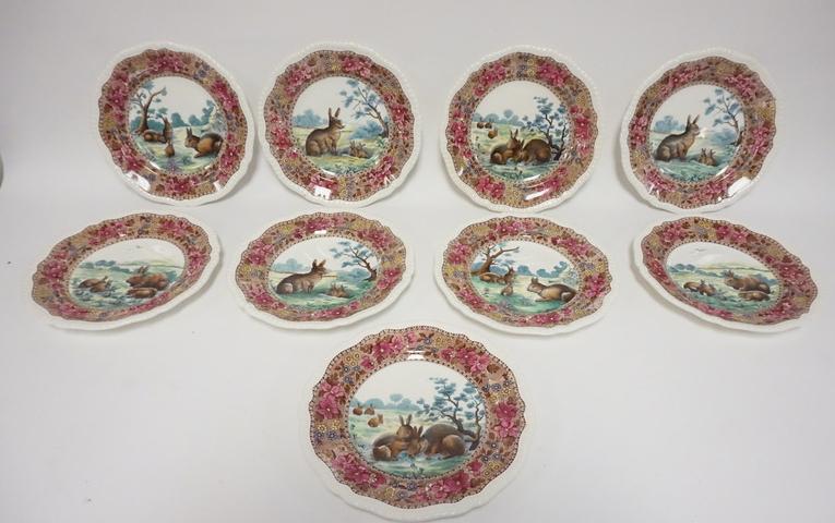 COPELAND SPODE RABBIT PLATES: GROUP OF 9 COPELAND LATE SPODE PLATES DECORATED WITH VARYING SCENES OF RABBITS. 9 1/2 INCH DIA.