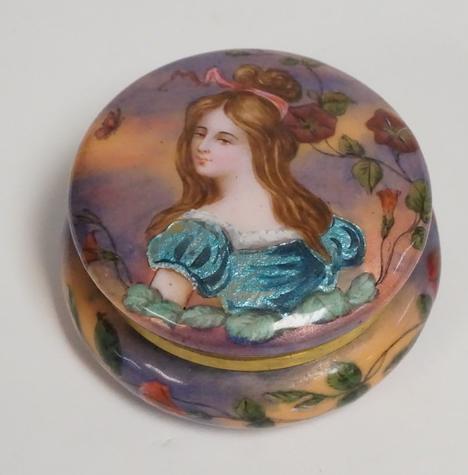 FRENCH ENAMEL BOX: FINE FRENCH ENAMEL BOX FEATURING AN ART NOUVEAU WOMAN AND FLOWERS. 3 3/8 INCH DIA. 1 3/4 INCHES HIGH.