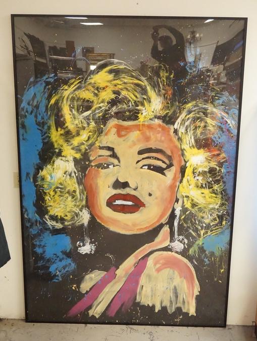LARGE PAINTING OF MARILYN MONROE: VERY LARGE PAINTING ON PAPER OF MARILYN MONROE. HAND PRINT IN THE UPPER RIGHT IS POSSIBLY AN ARTIST SIGNATURE. 89 X 60 INCH FRAME.