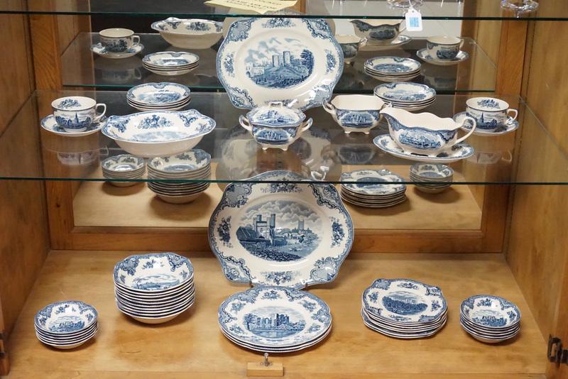 JOHNSON BROTHERS DINNERWARE: 50 PIECE JOHNSON BROTHERS DINNERWARE. *OLD BRITAIN CASTLES*. PARTIAL SET. LARGEST PLATTER IS 13 7/8 INCHES.