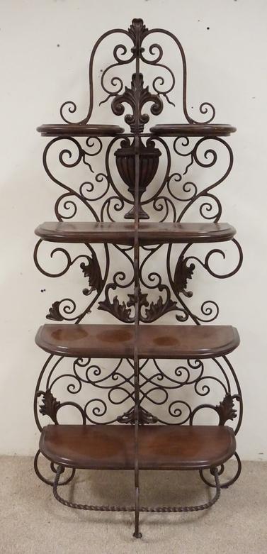 IRON & WOOD ETEGERE: IRON & WOOD ETEGERE. 64 1/2 INCHES HIGH. 29 1/2 INCHES WIDE.