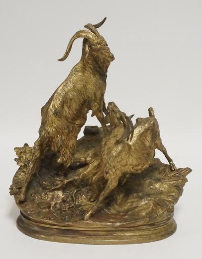 JULES MOIGNIEZ BRONZE: JULES MOIGNIEZ BRONZE SCULPTURE OF MOUNTAIN GOATS. 11 1/2 INCHES HIGH.