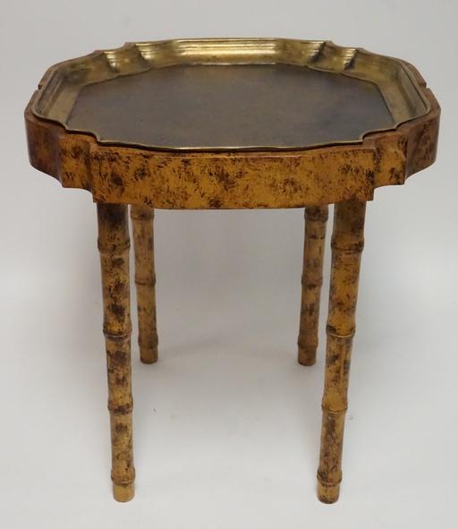 LABARGE TRAY TOP TABLE: LABARGE TABLE WITH A BAMBOO TURNED BASE AND A LIFT OUT BRASS TRAY TOP. 18 INCHES WIDE. 19 INCHES HIGH.