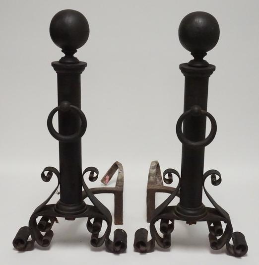 ANTIQUE WROUGHT IRON ANDIRONS.: PAIR OF ANTIQUE WROUGHT IRON ANDIRONS. 26 INCHES HIGH.