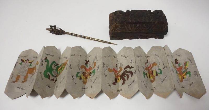 ASIAN CARVED WOOD BOX WITH FOLDED DRAWINGS AND AN: ASIAN CARVED WOOD BOX WITH FOLDED DRAWINGS AND AN ORNATE FIGURAL BRUSH HOLDER. BOX MEASURING 9 INCHES LONG.