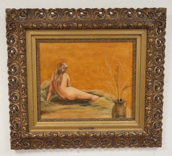 LISA BOOTH NUDE OIL PAINTING ON CANVAS: NUDE OIL PAINTING ON CANVAS BY LISA BOOTH. 40 X 36 INCH FRAME.