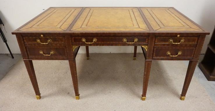 MAITLAND SMITH DESK: MAITLAND SMITH LEATHER TOP PARTNERS DESK ONE DRAWER PULL MISSING ON REVERSE SIDE. BACK DRAWERS ARE FAUX