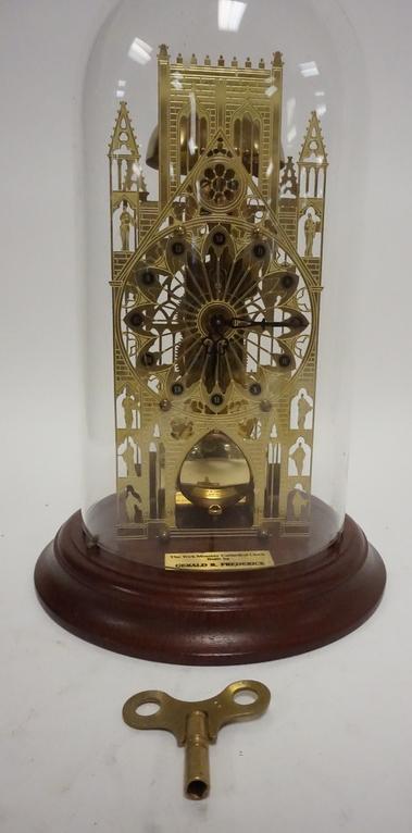 SKELETON YORK MINSTREL CATHEDRAL CLOCK: YORK MINSTREL CATHEDRAL SKELETON CLOCK BUILT BY GERALD R FREDERICK UNDER GLASS DOME 12 IN TO TOP OF DOME