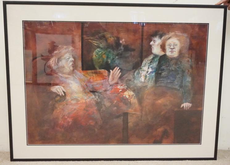 KARIN JAROSZYNSKA PASTEL: KARIN JAROSZYNSKA PASTEL OF THREE ELDERLY WOMEN SIGNED UPPER LEFT CORNER, OVERALL DIMENSIONS 49 IN X 36 1/2 IN