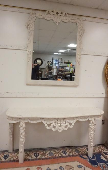 CARVED CONSOLE TABLE W/ MIRROR: CARVED CONSOLE TABLE W/ STONE TOP W/ A LARGE MATCHING MIRROR PAINTED WHITE