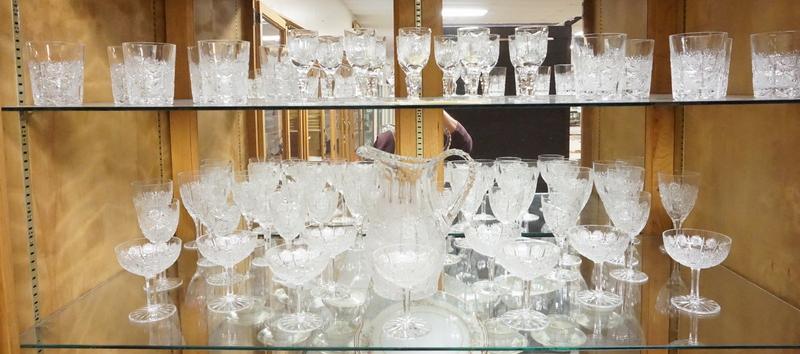 56 PC CZECH CUT CRYSTAL: 56 PC SET OF CZECHOSLOVAKIAN MID CENTURY CUT CRYSTAL: 10 IN PITCHER, ELEVEN 6 1/2 IN GOBLETS, THIRTEEN 6 1/8 IN GOBLETS, NINE 4 1/2 IN CHAMPAGNES, ELEVEN 3 1/2 IN TUMBLERS AND ELEVEN 4 IN CORDIALS