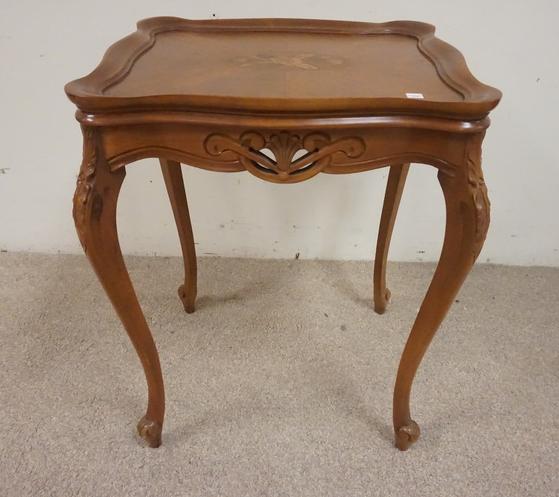 SMALL CARVED INLAID TABLE: SMALL CARVED INLAID TABLE W/ FLORAL INLAY ON TOP