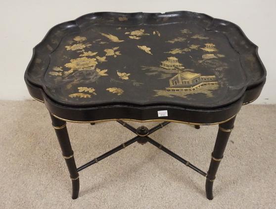 CHINOISERIE TRAY TABLE: CHINOISERIE TRAY TABLE W/ BAMBOO TURNED BASE