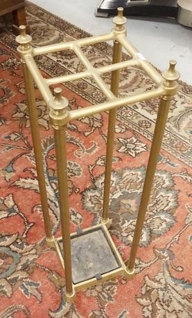 BRASS UMBRELLA STAND: BRASS UMBRELLA OR CANE STAND W/ IRON INSERT, 7 1/4 IN SQ, 26 IN H