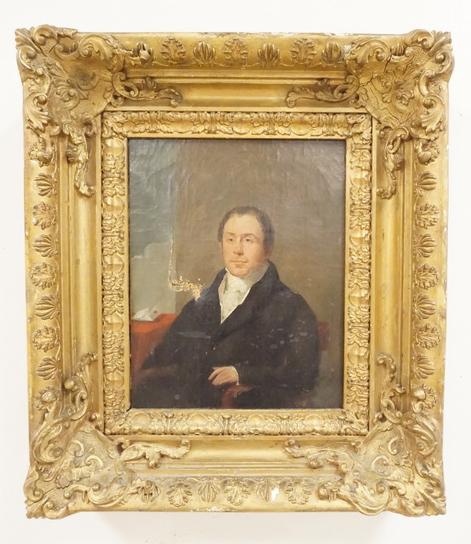 OIL ON CANVAS PORTRAIT OF WILLIAM JONATHAN WILDIE: OIL ON CANVAS PORTRAIT OF WILLIAM JONATHAN WILDIE, HAS A TEAR ON THE LEFT SIDE, IMAGE 8 IN X 10 IN