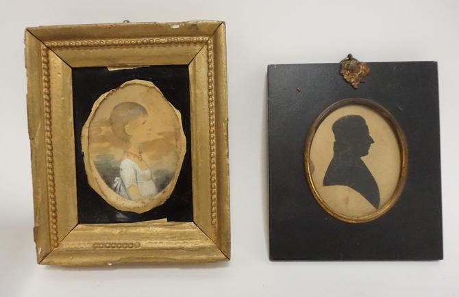 LOT SILHOUETTE AND EARLY PORTRAIT: SILHOUETTE MARKED ON BACK *ANDREW WARREN NORTH CAROLINA 1772 WITH PROVIDENCE. AND A PORTRAIT OF A YOUNG GIRL. PORTRAIT SIZE 4 3/4 INCHES BY 5 3/4 INCHES.