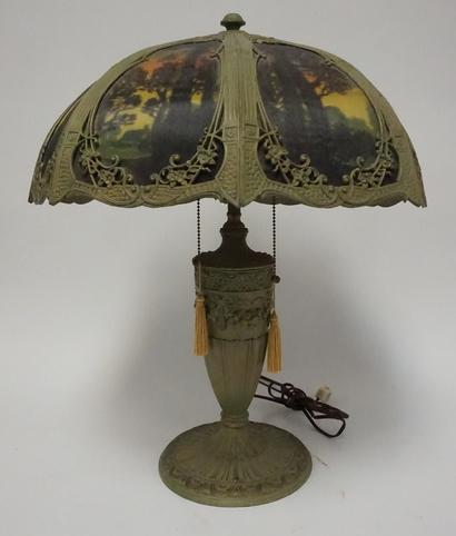 REVERSE PAINTED TABLE LAMP W/ METAL OVERLAY: REVERSE PAINTED TABLE LAMP W/ METAL OVERLAY LANDSCAPE SCENE W/ SUNSET SKY, 23 IN H