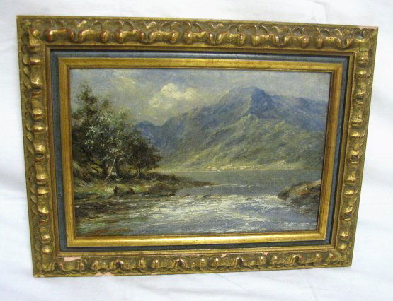 FRAMED O/C LANDSCAPE BY DAVID BATES '89: FRAMED O/C LANDSCAPE BY DAVID BATES '89; STREAM FLOWING INTO A LAKE W/MOUNTAINS IN THE BACKGROUND; 11 1/2 IN X 8 IN, SIGNED LOWER LEFT