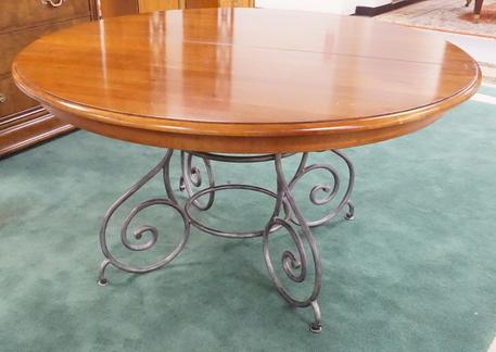 ETHAN ALLEN ROUND TABLE W/ IRON BASE: ETHAN ALLEN ROUND TABLE W/ IRON BASE, W/ ONE 20 IN LEAF