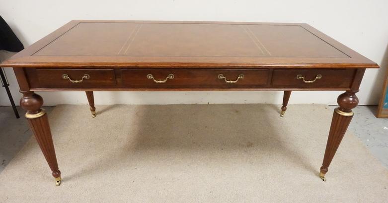 ETHAN ALLEN 3 DRW LEATHER TOP DESK: ETHAN ALLEN THREE DRAWER LEATHER TOP DESK, FLUTED LEGS HAVE GOLD TRIM