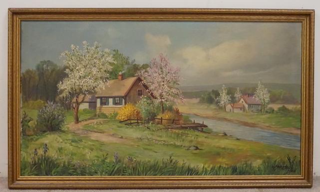 OIL ON CANVAS LANDSCAPE: OIL ON CANVAS SPRING LANDSCAPE W/ COTTAGES SIGNED O. ARNOLD 1944, OVERALL DIMENSIONS, 49 IN X 28 1/2 IN