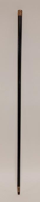 EBONY WALKING STICK W/ HALLMARKED TOP: EBONY WALKING STICK W/ HALLMARKED GOLD? TOP, 34 1/2 IN L