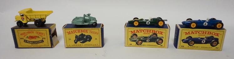 MATCHBOX 1960'S CARS IN BOXES: 1960'S MATCHBOX AUTOS IN BOXES. INCLUDING NO. 6 DUMP TRUCK, NO. 36 MOTOR SCOOTER AND SIDE CAR, NO. 19 LOTUS RACING CAR AND NO. 52 B.R.M. RACING CAR.