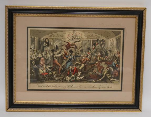 COMICAL FRENCH PRINT: COMICAL FRENCH PRINT DEPICTING A BARROOOM BRAWL DRAWN & ENGRAVED BY GEORGE CRUIKSHANK, IMAGE IS 14 1/2 IN 9 1/2 IN, SOME STAINING ON THE THE MATTE