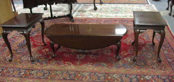 3 PC CHERRY END & COFFEE TABLE SET: 3 PC CHERRY END & COFFEE TABLE SET, QUEEN ANN LEGS END TABLES; EACH HAVE 2 PULL OUT SURFACES; 26 3/4 IN X 18 IN, 24 1/2 IN HIGH; COFFEE TABLE IS DROP LEAF: 51 1/2 IN X 18 I,- DROPS ARE 9 1/2 IN, 17 IN