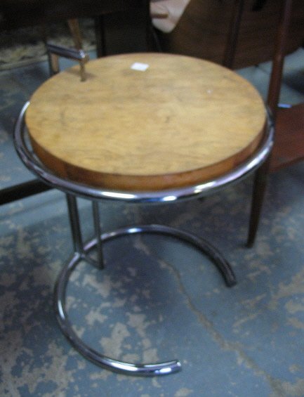 EILEEN GRAY SMALL ROUND WOOD & CHROME TABLE W/LOW: EILEEN GRAY SMALL ROUND WOOD & CHROME TABLE W/LOWER SHELVES; 44 IN X 9 3/4 IN, 30 IN H